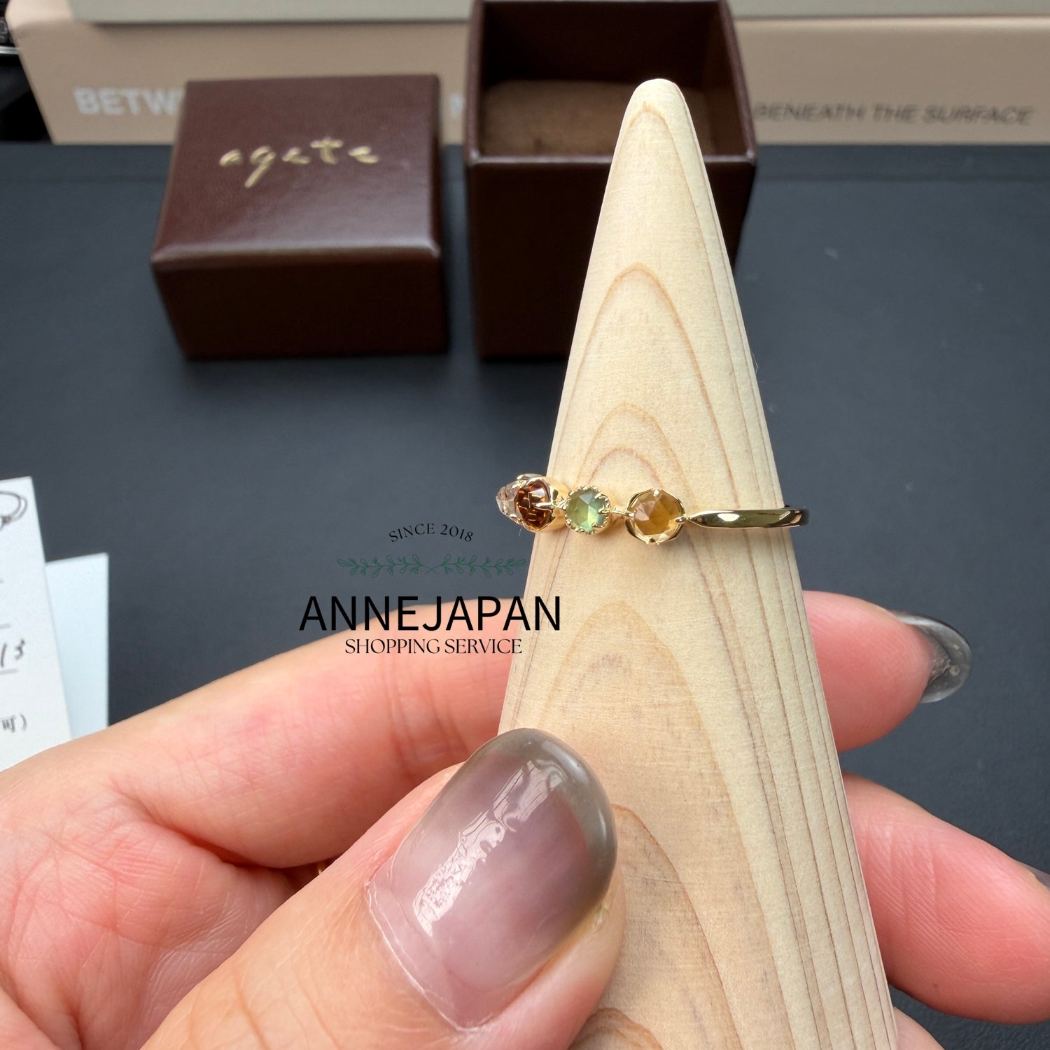 K10金天然石 石榴石、拉長石、黃水晶玫瑰切割戒指