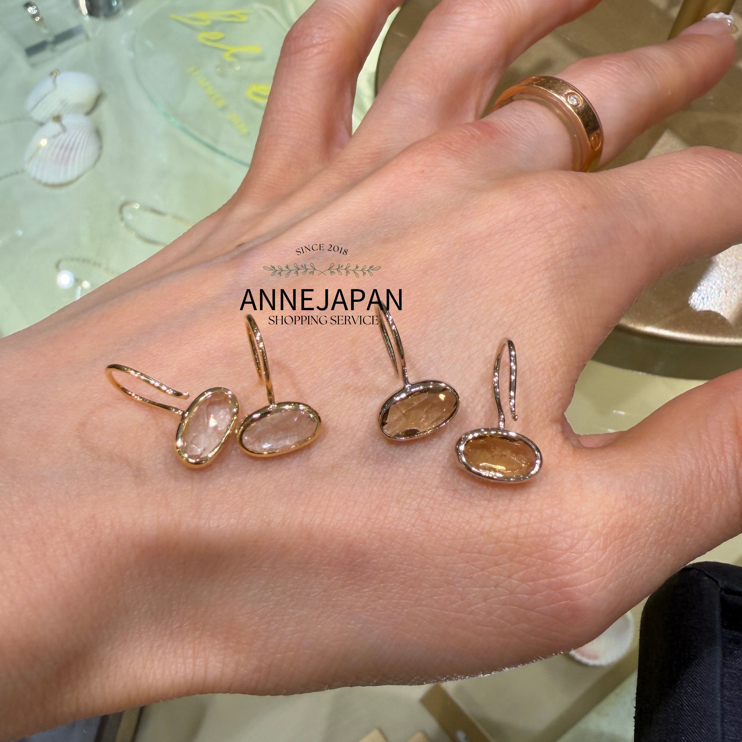 18K黃金天然粉晶 低飽和棕金天然香檳石英耳環