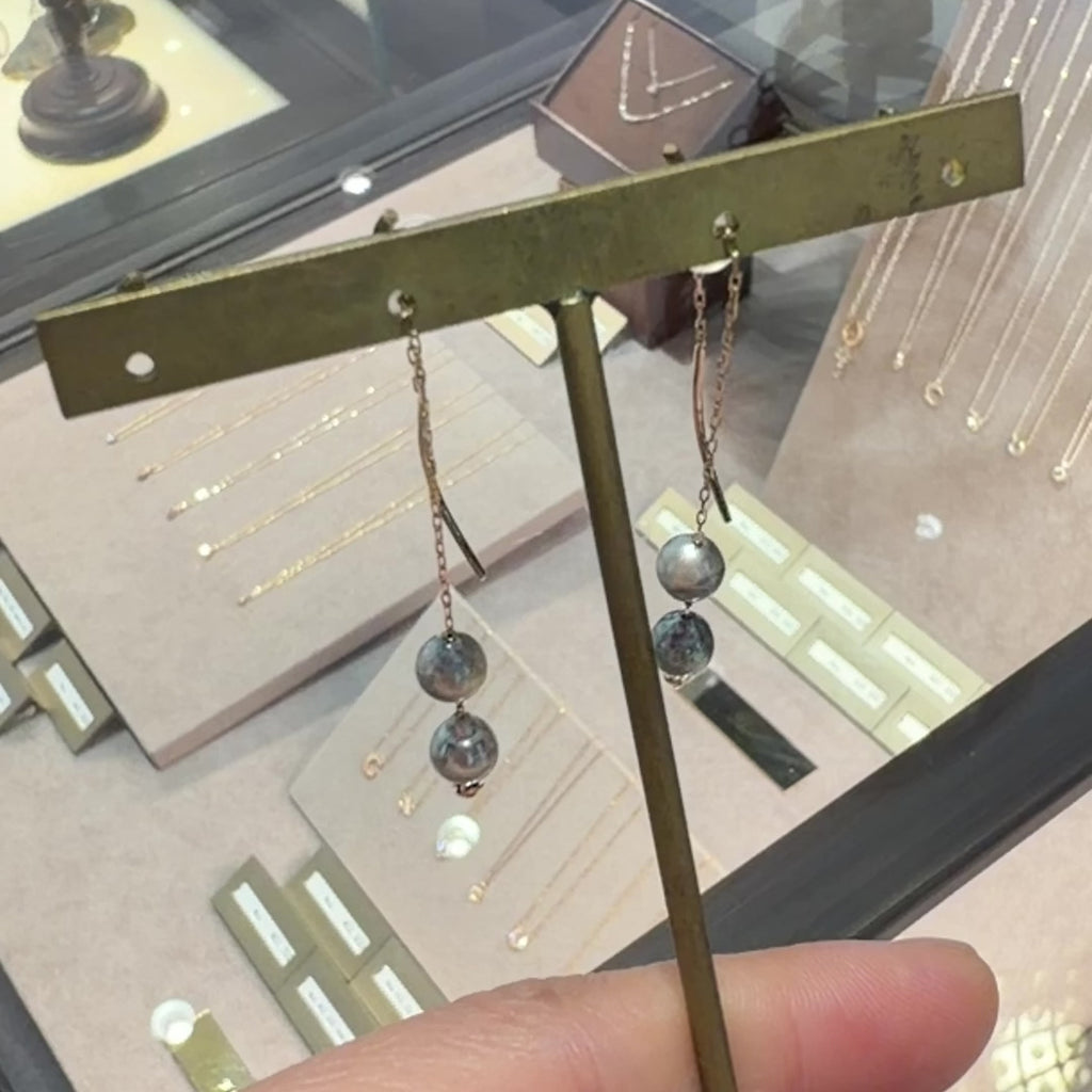 10K金淡藍灰色 Akoya 珍珠垂墜耳環
